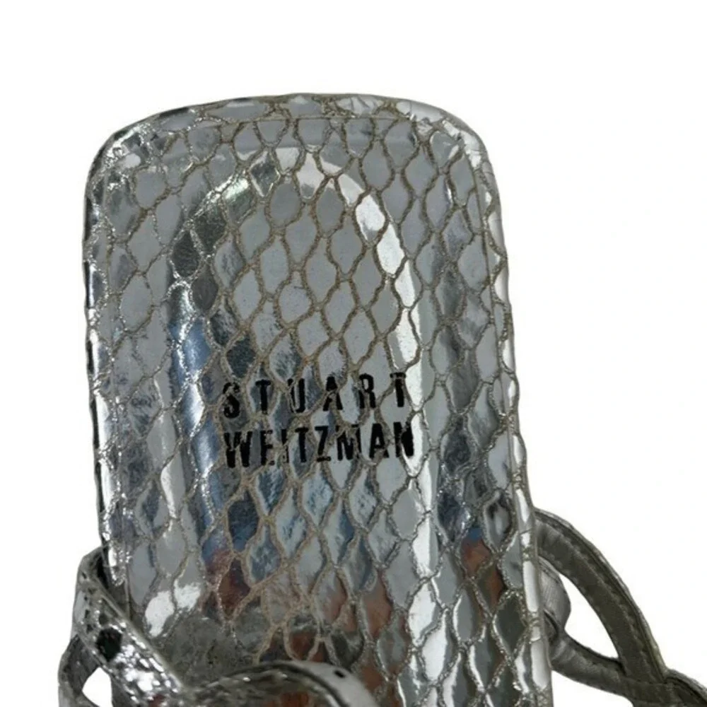 Stuart Weitzman Sandals Women 7.5 Silver Snakeskin Clear Heel Rhinestone Evening